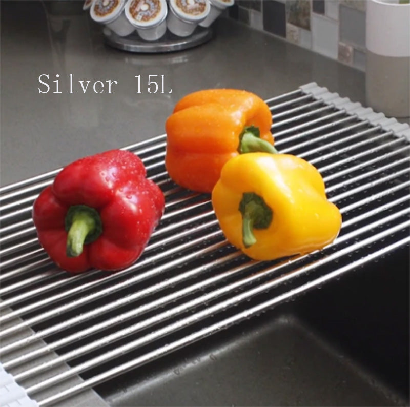Folding Kitchen Drain Sink Rack – Stainless Steel Roll-Up Dish Drying Rack