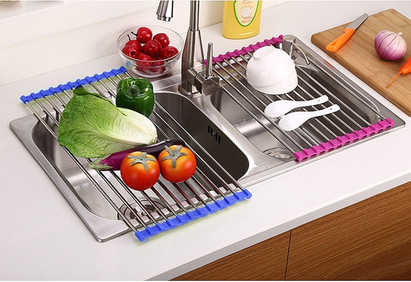 Folding Kitchen Drain Sink Rack – Stainless Steel Roll-Up Dish Drying Rack