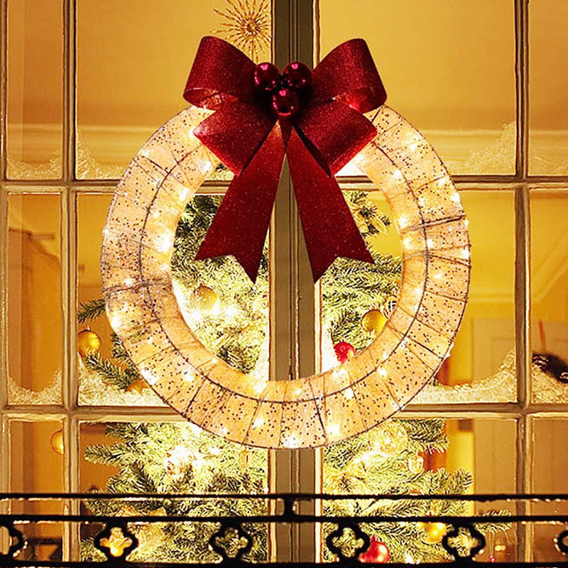 Christmas Garland 50CM Luminous LED Warm Light Metal Luminous Wreath With Big Bowknot Christmas Front Door Home Holiday Party Door Hanging Decor CJ