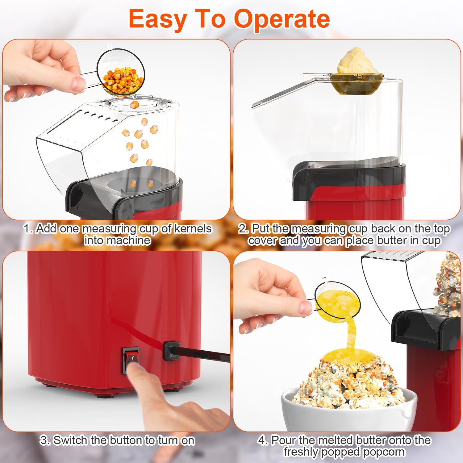 Hot Air Popcorn Popper Maker With Measure Cup And Butter Warmer 1200W Oil-Free Easy To Use 8Cups Mini Popcorn Maker Machine For Home CJ US