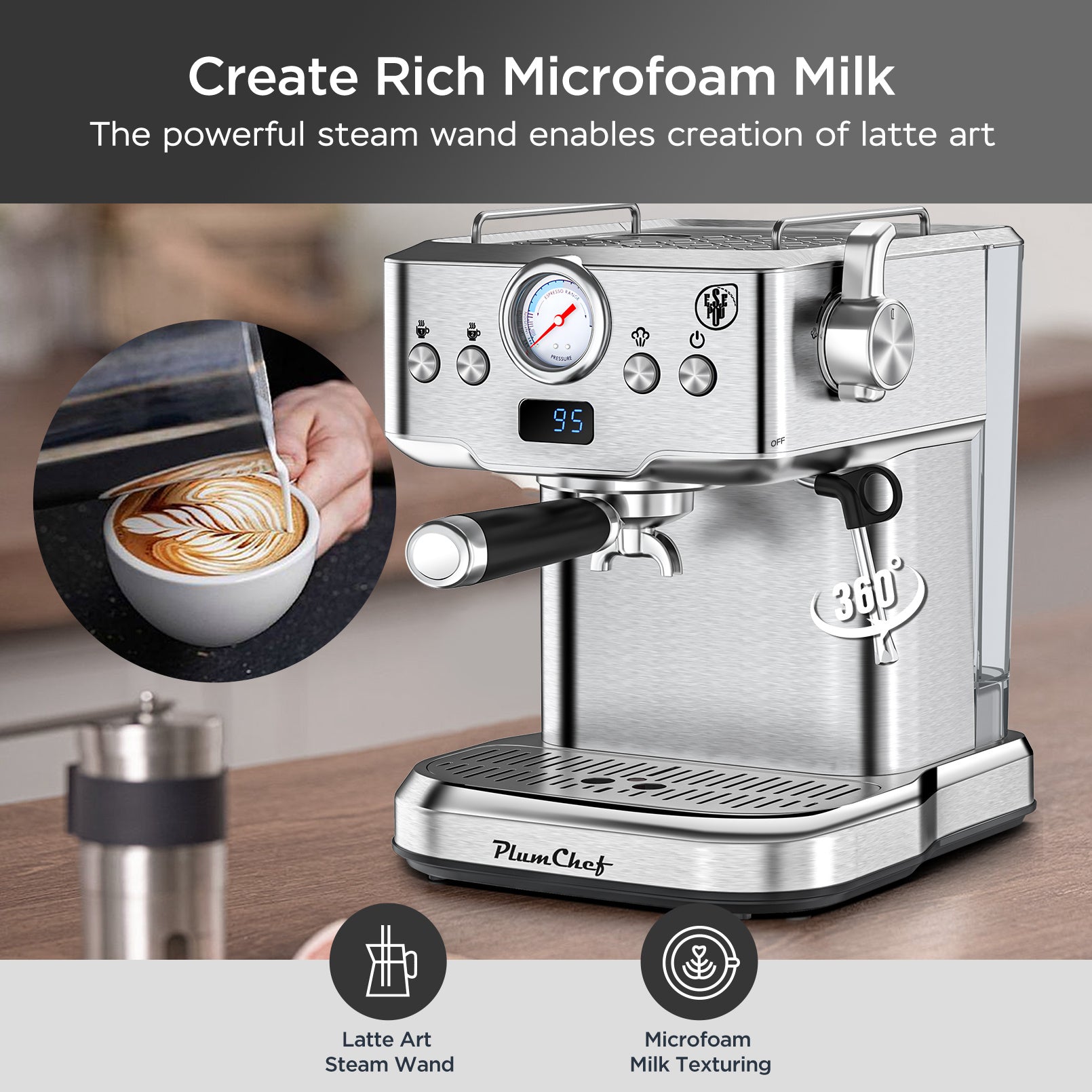 20 Bar Professional Espresso Machine With Milk Frother, Single & Double Shot, ESE Pod Compatible, Visual Display Of Pressure, Removable Water Tank For Cappuccino, Latte,  Machiato For Home Barista Smart Kitchen & Home