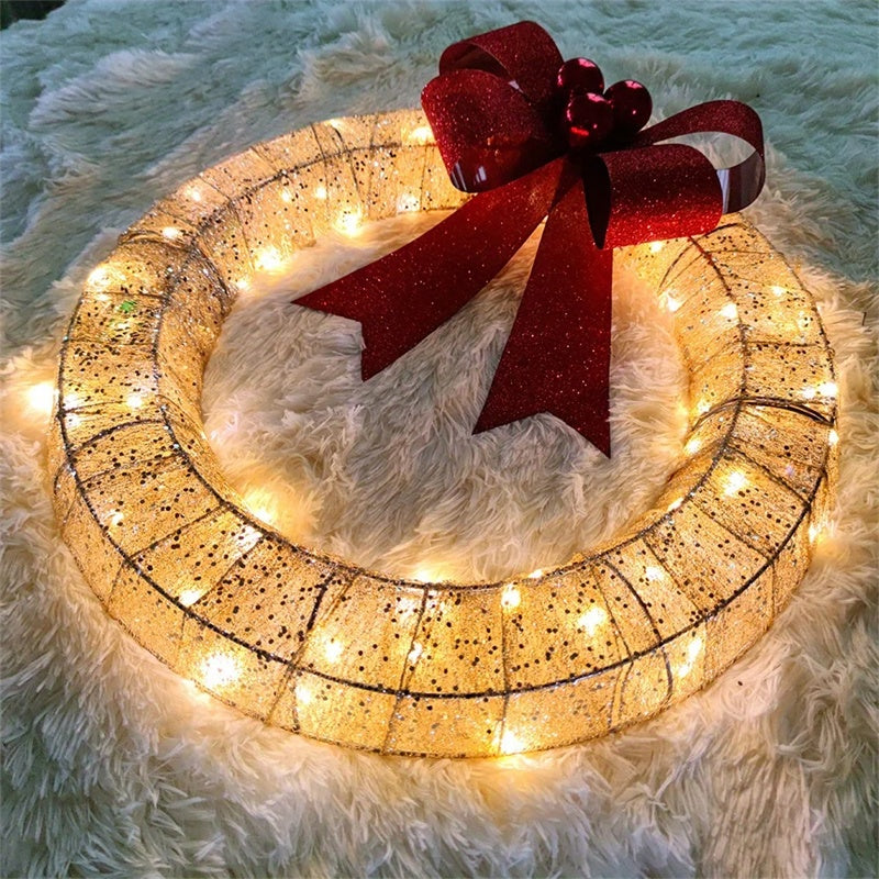 Christmas Garland 50CM Luminous LED Warm Light Metal Luminous Wreath With Big Bowknot Christmas Front Door Home Holiday Party Door Hanging Decor CJ