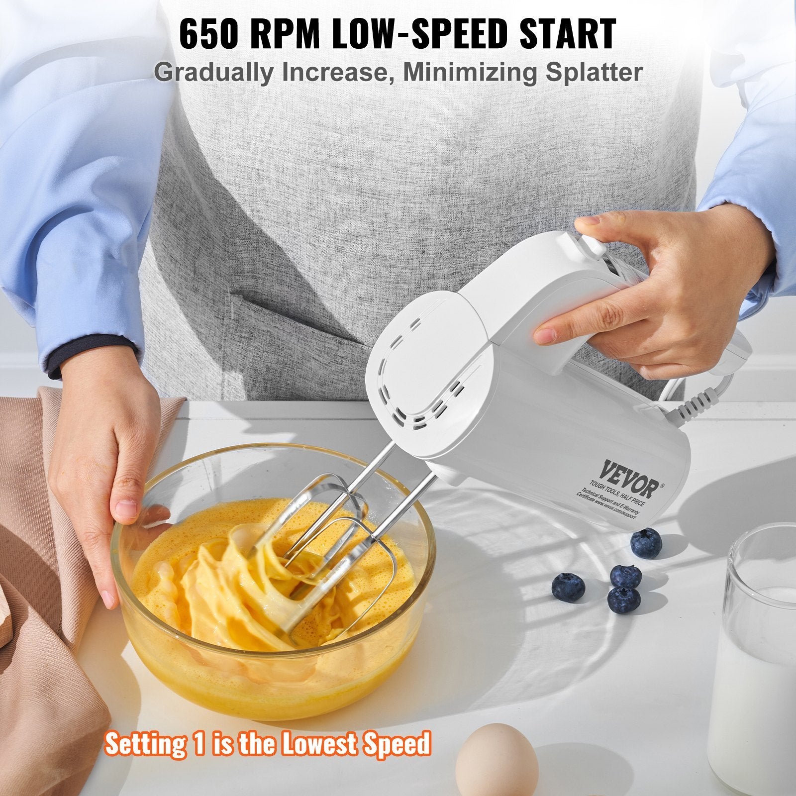 VEVOR Digital Electric Hand Mixer, 5-Speed, 200W Portable Electric Handheld Mixer, With Turbo Boost Beaters Dough Hooks Whisks Storage Bag, Baking Supplies For Whipping Mixing Egg Cookie Cake Cream CJ US