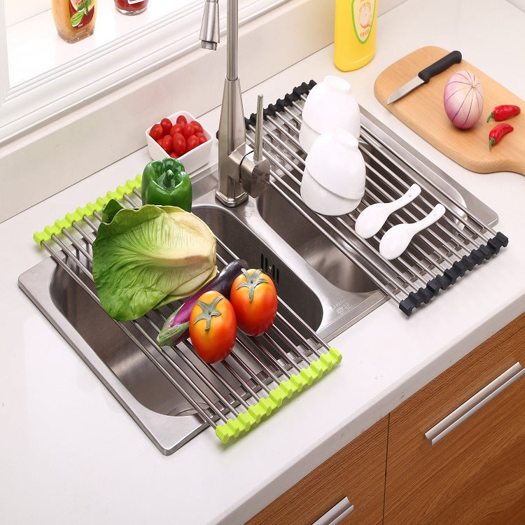 Folding Kitchen Drain Sink Rack – Stainless Steel Roll-Up Dish Drying Rack