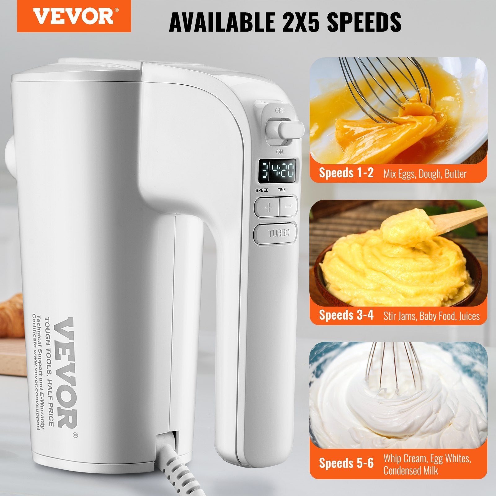 VEVOR Digital Electric Hand Mixer, 5-Speed, 200W Portable Electric Handheld Mixer, With Turbo Boost Beaters Dough Hooks Whisks Storage Bag, Baking Supplies For Whipping Mixing Egg Cookie Cake Cream CJ US