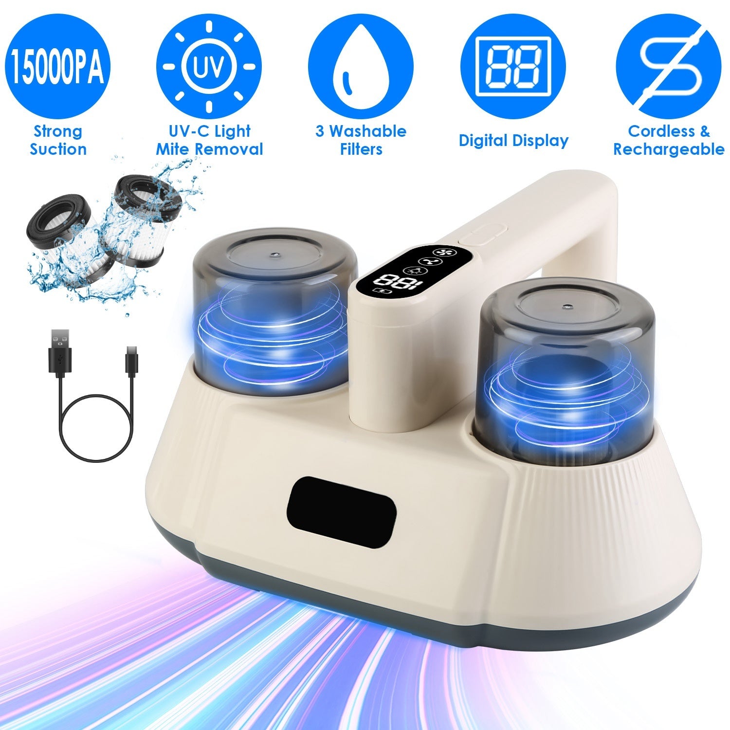 15000PA Double-Cup Bed Vacuum Cleaner With UV-C Light Cordless Mattress Vacuum Rechargeable Dust Mites Remover With 3 Washable Filters Travel & Portable Gadgets